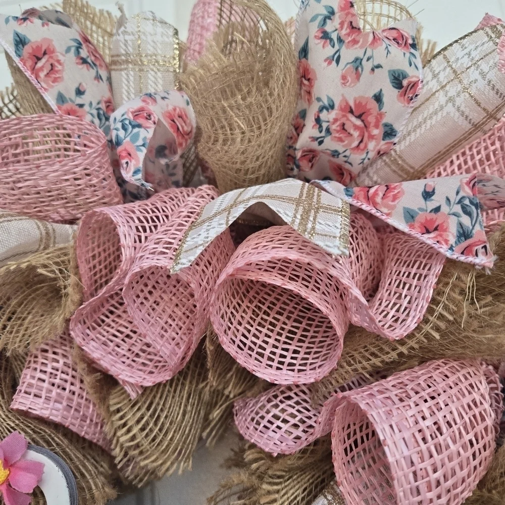Handmade Pink and tan deco mesh wreath with hello sign spring front door wreath